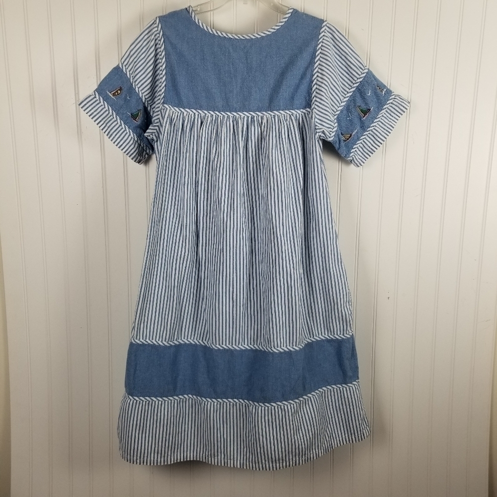 Striped Sailboat Embroidered Short Sleeve Light Denim Dress Summer Nautical S/XS - Picture 11 of 14